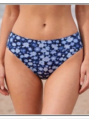 Ganni Blue Floral Print High-Waist Bikini Bottoms, Size 42